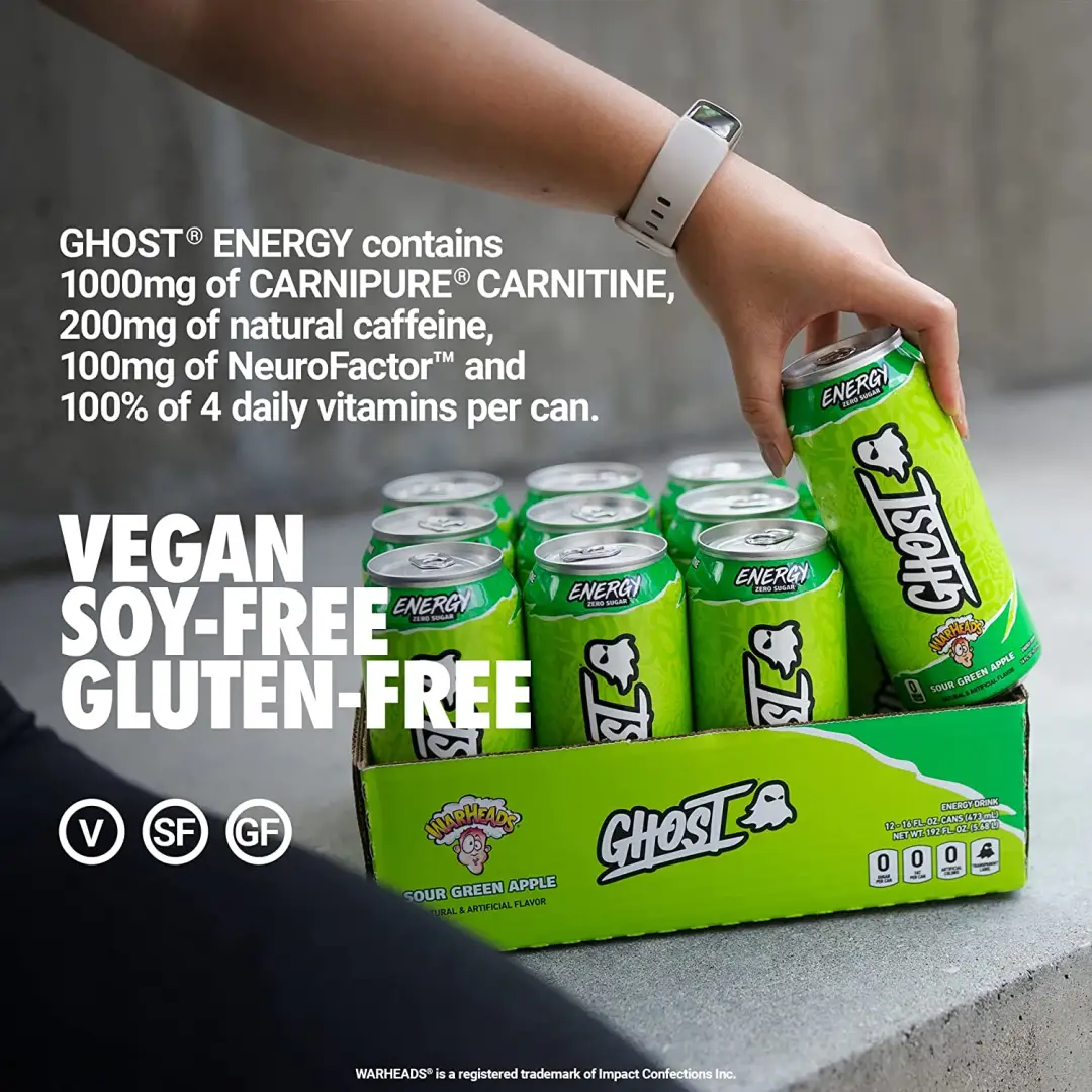 GHOST ENERGY WARHEADS Sour Green Apple- Sugar Free Energy Drink - 12-Pack, 16oz Cans - Image 5